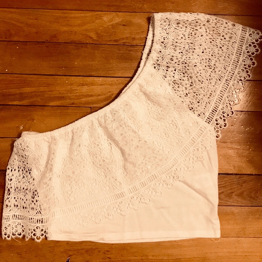 One shoulder white lace top